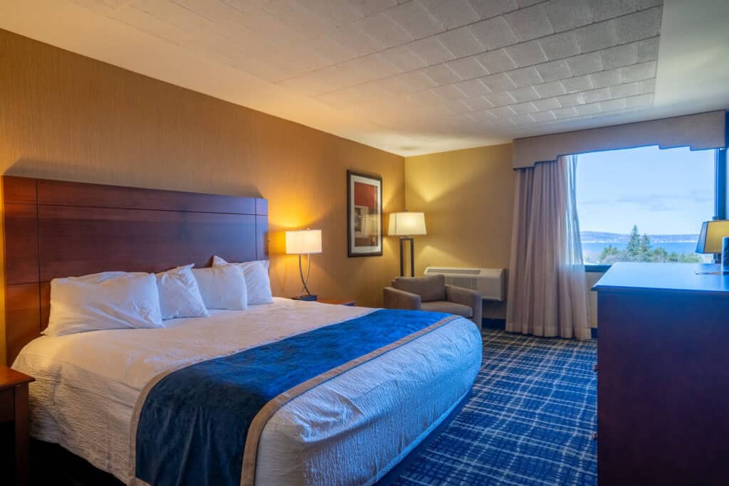 Comfortable hotel room at Odawa Casino & Resort with scenic views and modern amenities.