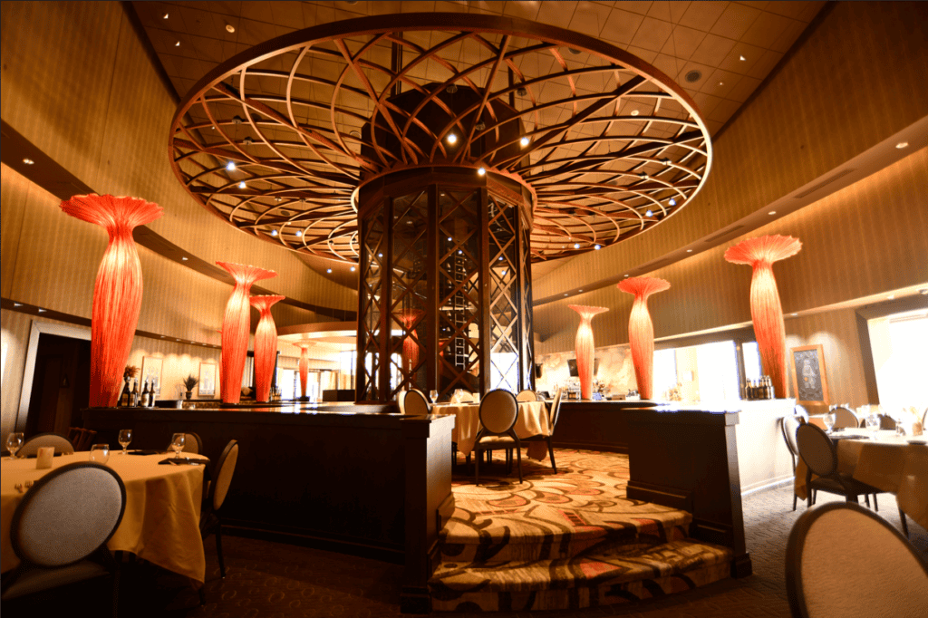Elegant casino lounge at Odawa Casino & Resort with unique ceiling design.