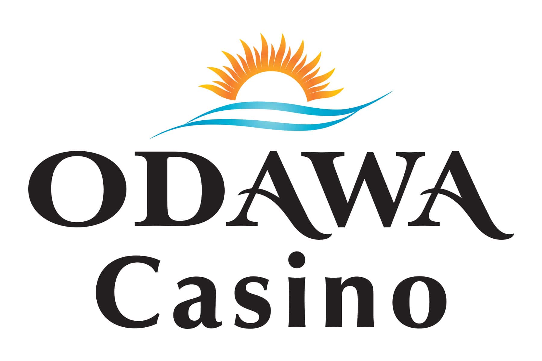 Sunset over Odawa Casino logo with water design in background.