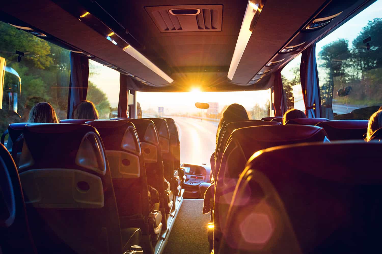 Coach bus traveling at sunset with scenic views and passengers enjoying a relaxing ride.