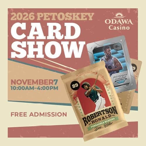 Odawa Casino Petoskey Card Show event poster with cards and date details.