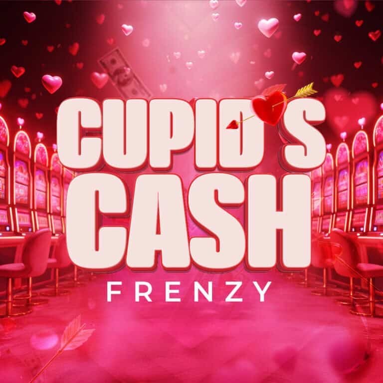 Colorful casino themed image with hearts and slot machines, promoting Odawa Casino & Resort's Cupids Cash Frenzy event.