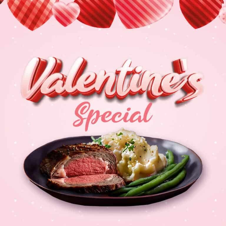 Romantic Valentine's Day steak dinner with mashed potatoes and green beans at Odawa Casino & Resort.