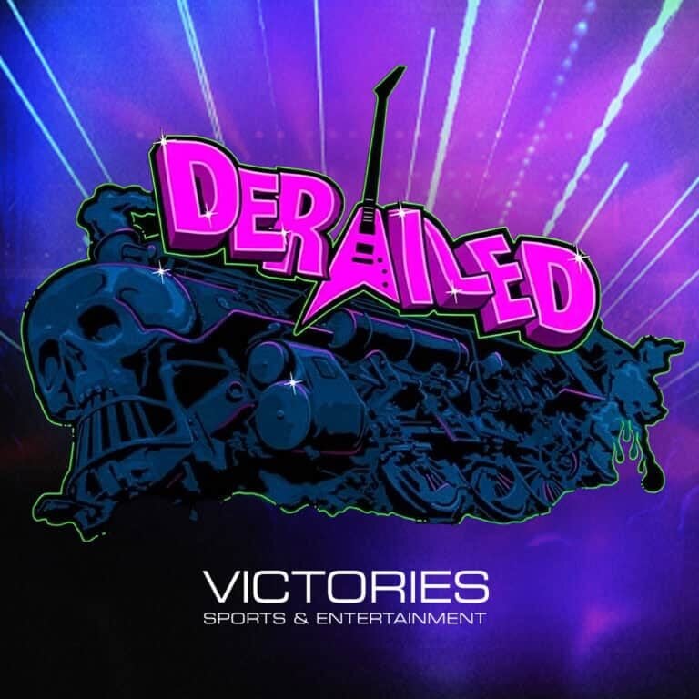 Derailed train graphic with vibrant colors for gaming and entertainment.