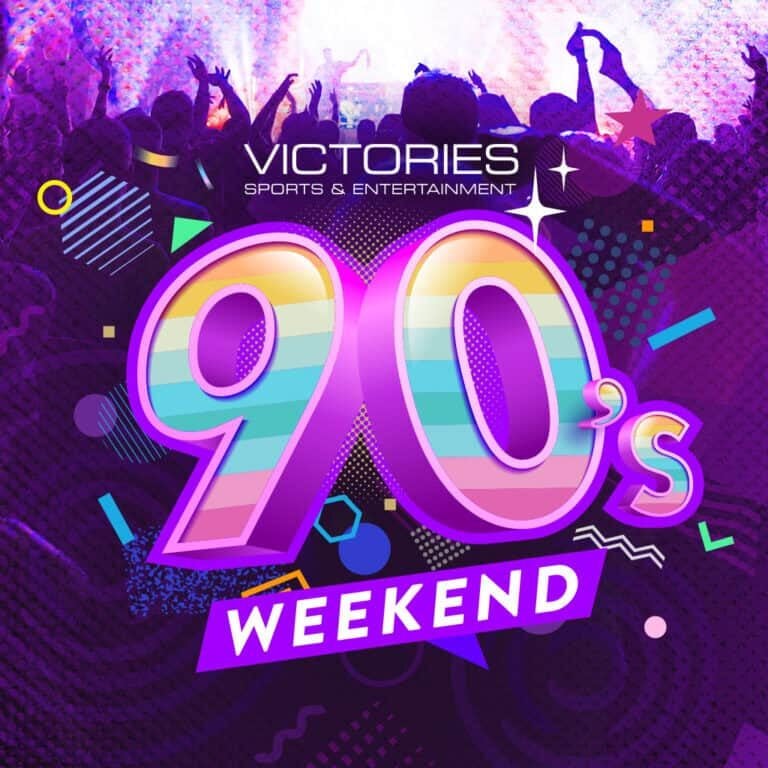 Vibrant 90s-themed event poster at Odawa Casino & Resort, featuring lively crowd and colorful graphi.