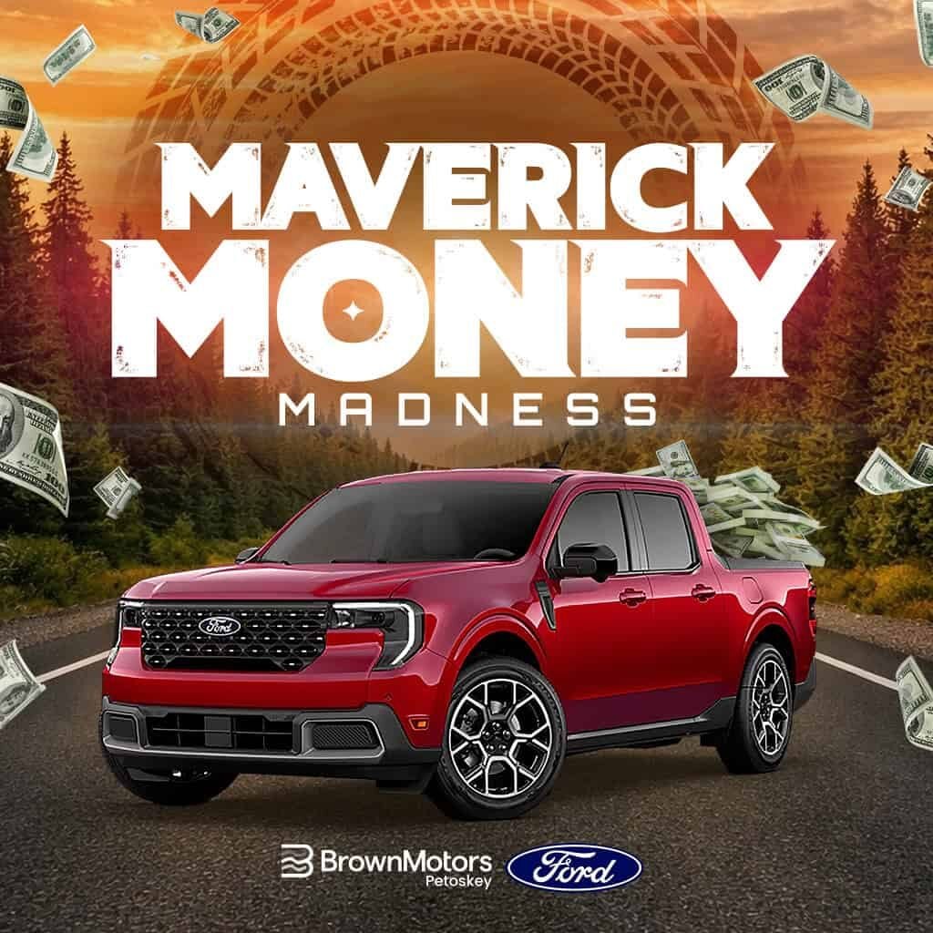 Red Ford Maverick truck on road with dollar bills flying around.
