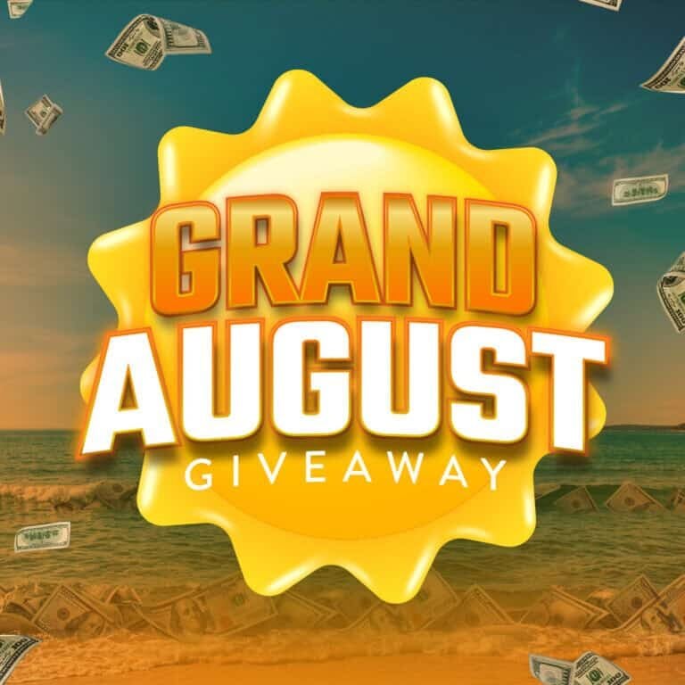 Odawa Casino Grand August Giveaway promotional graphic with sun and money.