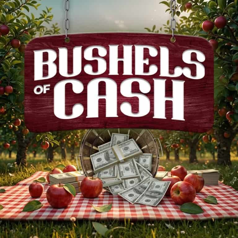 Bushels of cash and apples at Odawa Casino orchard.