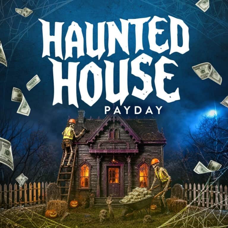 Haunted house with Halloween decorations and money falling, at Odawa Casino.