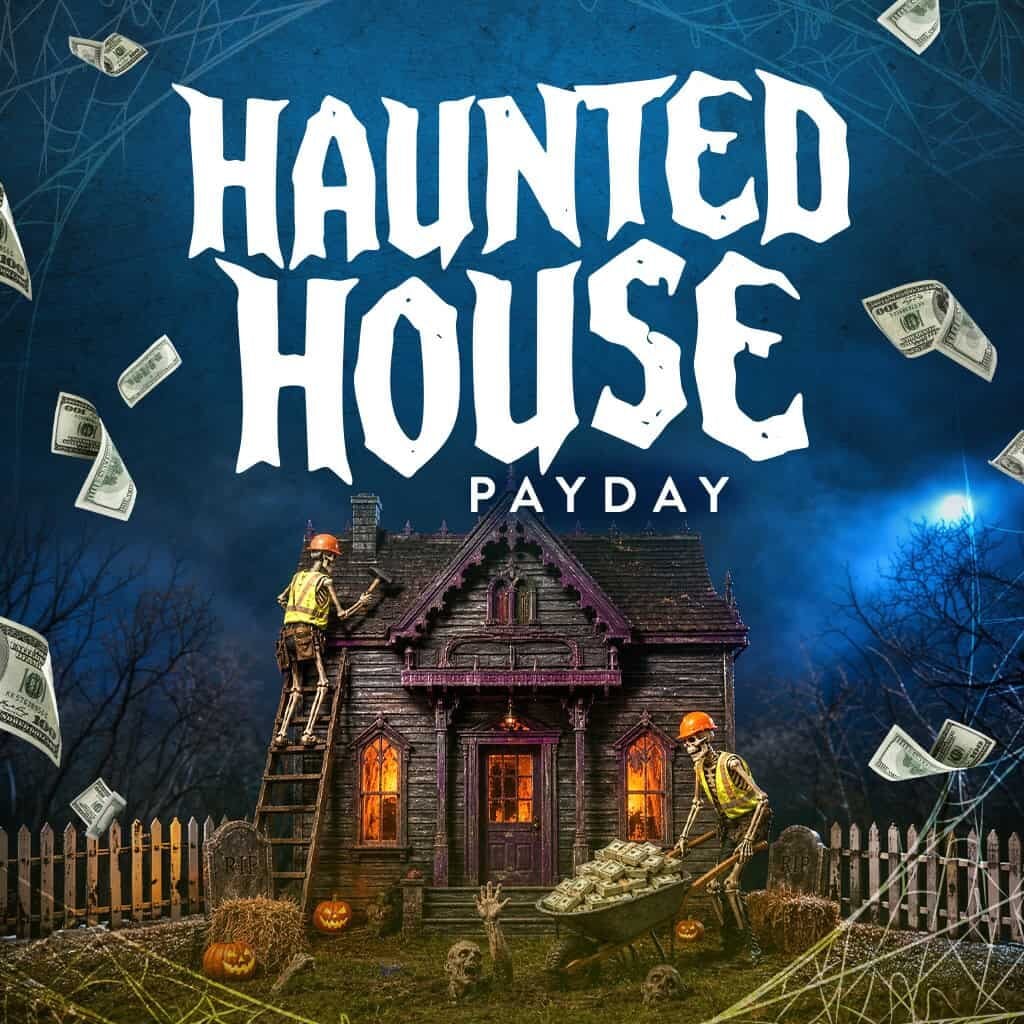 Haunted house with Halloween decorations and money falling, at Odawa Casino.
