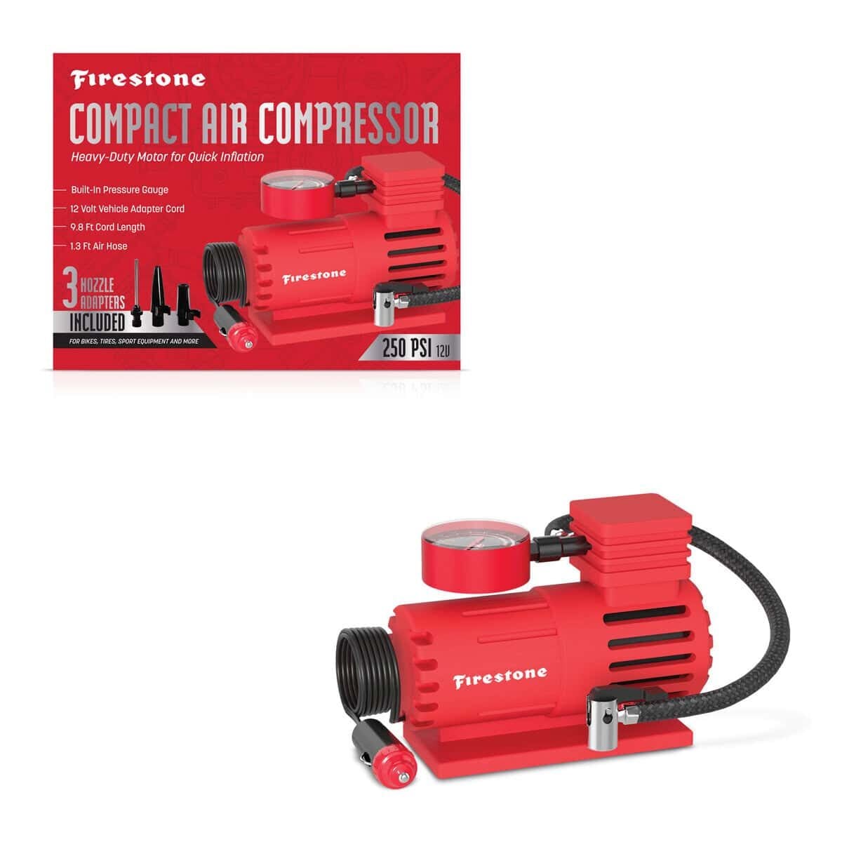 Compact Firestone air compressor for quick tire inflation and automotive use.