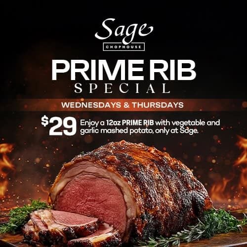 Juicy 12oz prime rib served with vegetables and garlic mashed potatoes at Sage Chophouse.