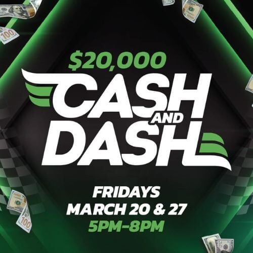 Promotional banner for Cash and Dash event offering $20,000 prize pool at Odawa Casino Resort.