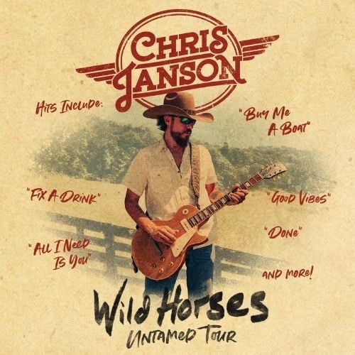 Chris Janson performing guitar at a concert, promoting Wild Horses Tour.