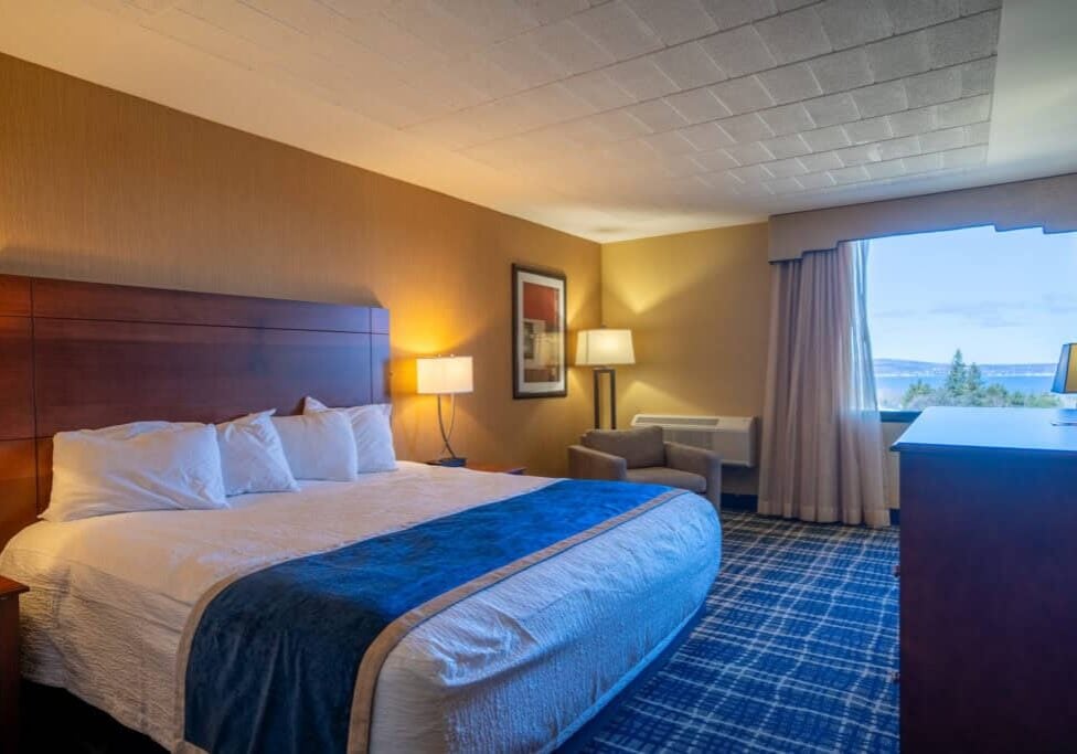 Comfortable hotel room at Odawa Casino & Resort with scenic views and modern amenities.