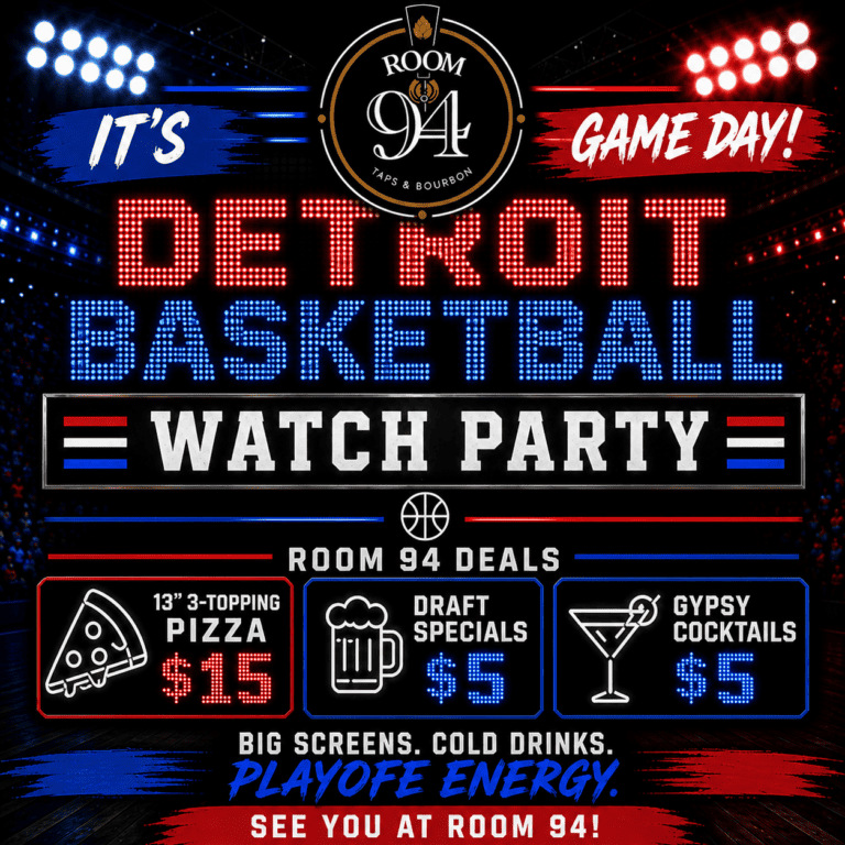 Detroit basketball game watch party at Room 94 with big screens and cold drinks.