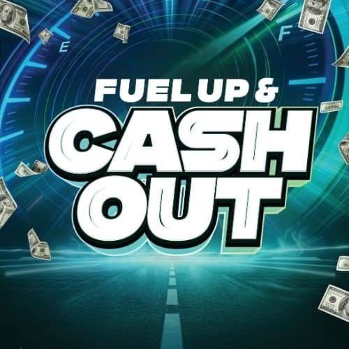Odawa Casino promotional graphic with "Fuel Up & Cash Out" message and dollar bills.