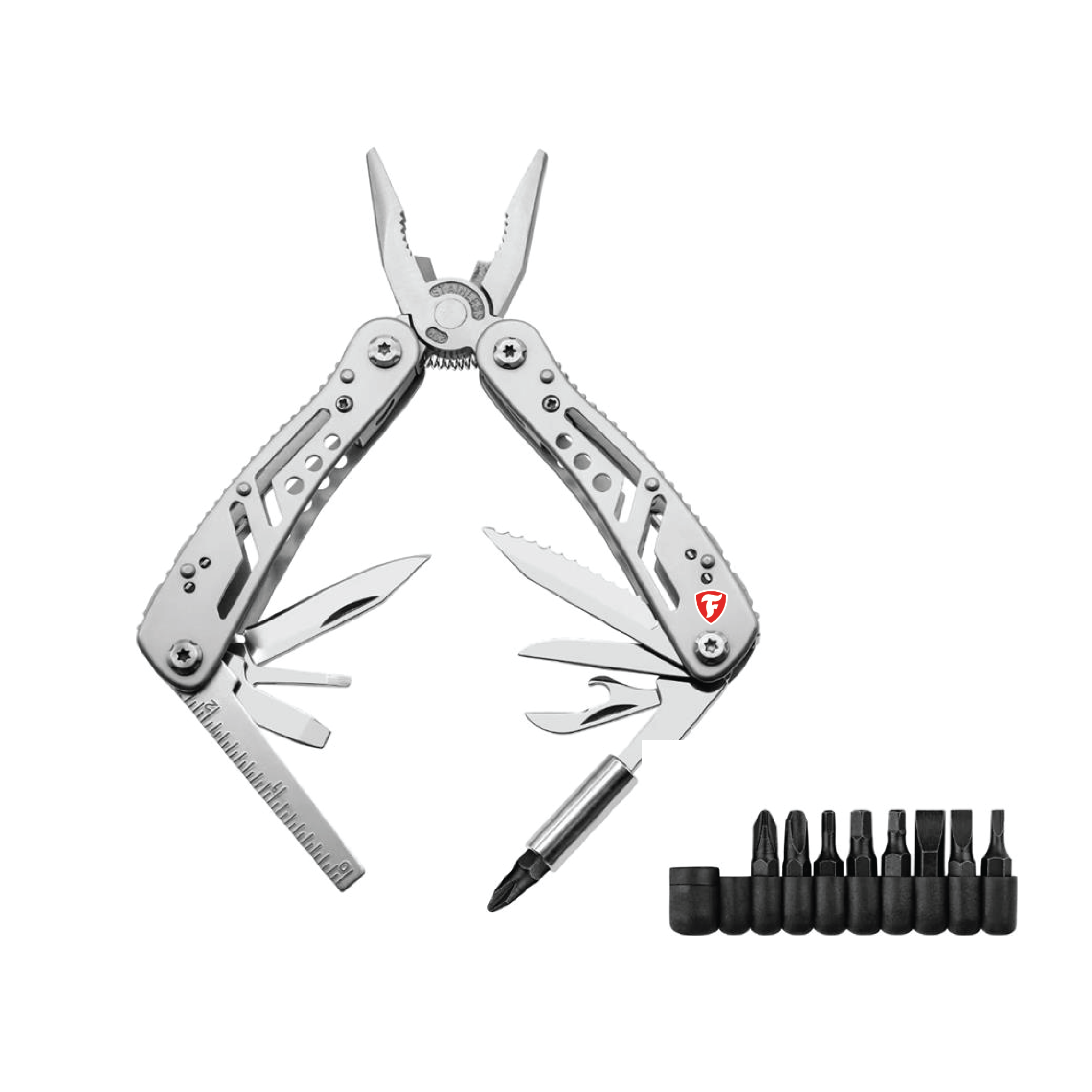Multi-tool with screwdriver and interchangeable bits for versatile use.