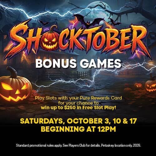 Halloween-themed Shocktober bonus games at Odawa Casino with pumpkins and lightning.