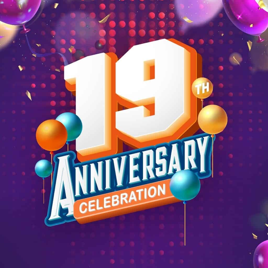 Odawa Casino celebrates 19th anniversary with festive graphics and balloons.