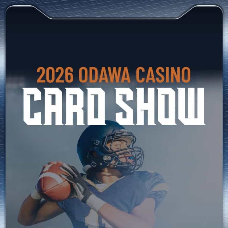 Odawa Casino & Resort football player holding a football, promoting the 2026 card show event.