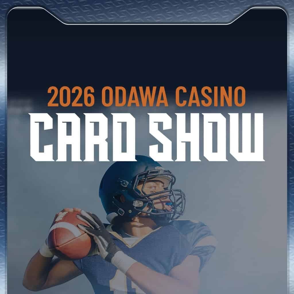 Odawa Casino & Resort football player holding a football, promoting the 2026 card show event.