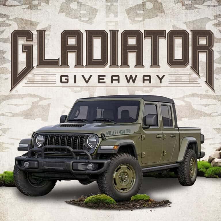 Green Jeep Gladiator on display at Odawa Casino & Resort for giveaway event.