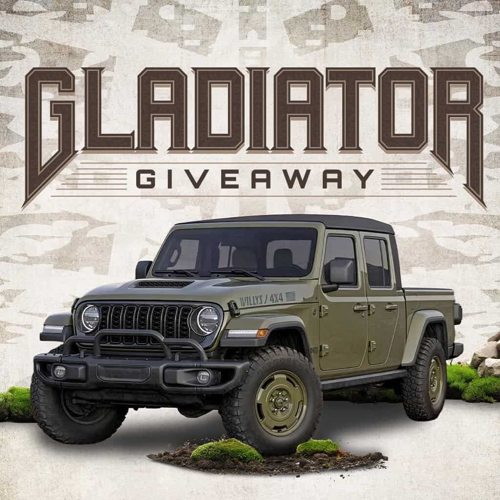 Green Jeep Gladiator on display at Odawa Casino & Resort for giveaway event.