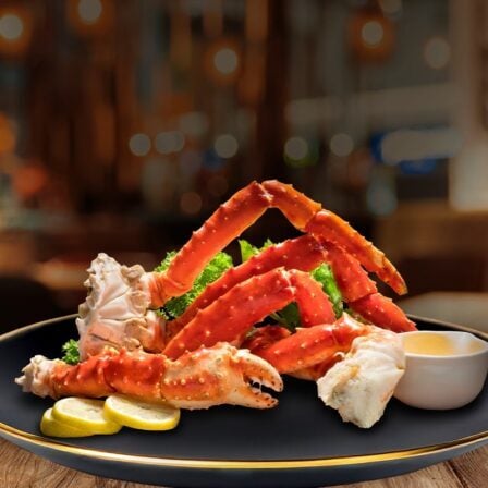 Fresh steamed crab legs with lemon wedges, seafood sauce, and greens at Odawa Casino & Resort dining restaurant.
