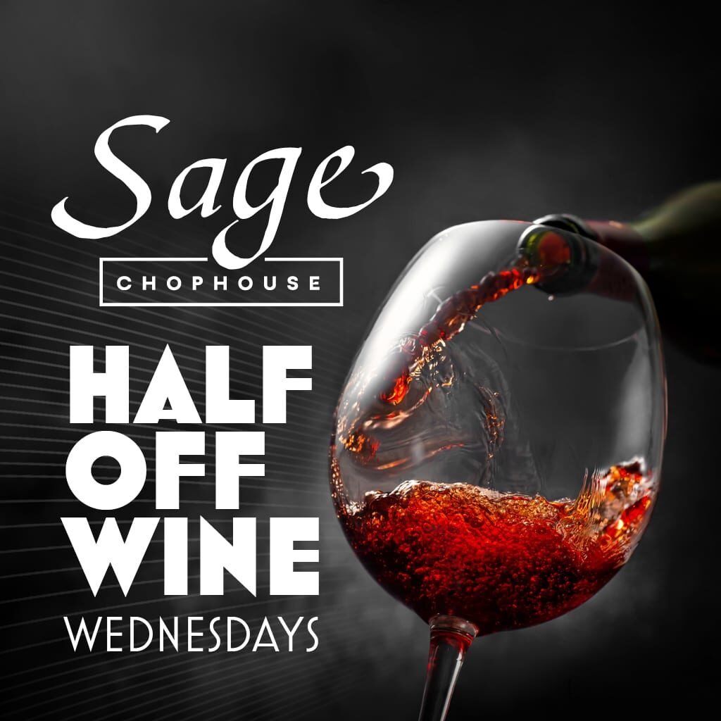 Glass of red wine being poured at Sage Chophouse, promoting wine discounts.