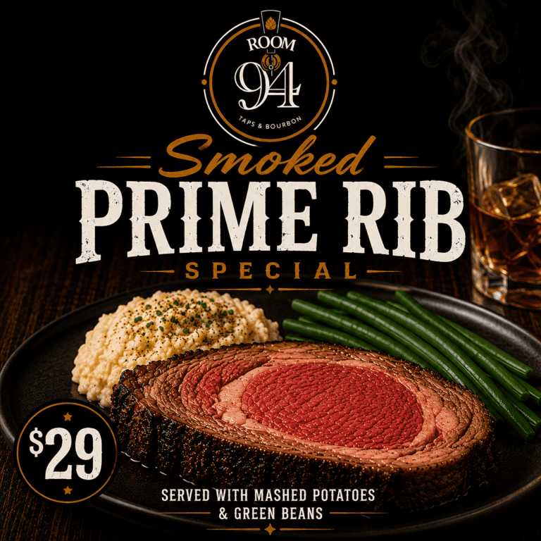 Delicious smoked prime rib served with mashed potatoes and green beans at Odawa Casino & Resort.