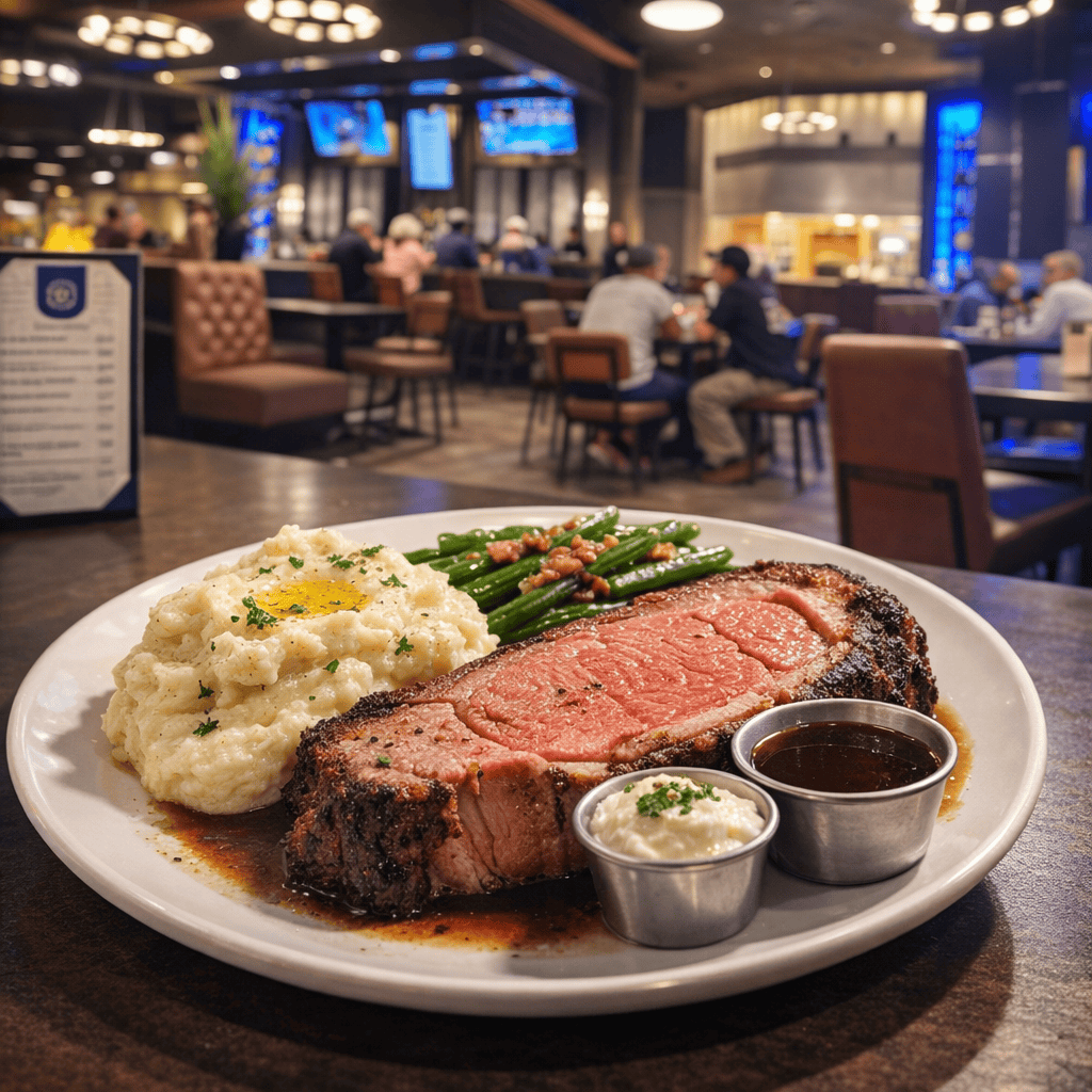 Delicious steak with mashed potatoes, green beans, and sauces at Odawa Casino & Resort restaurant.