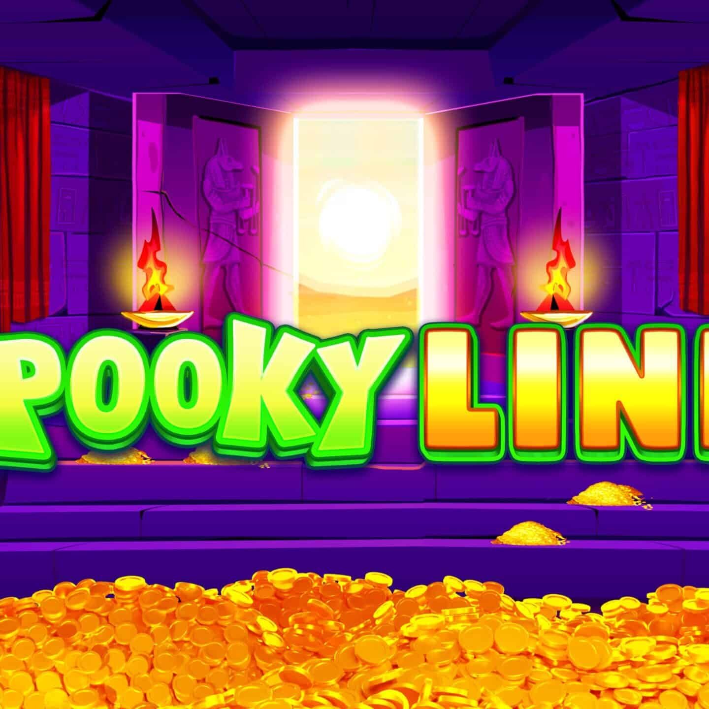 Colorful spooky-themed casino slot game with gold coins and glowing symbols.