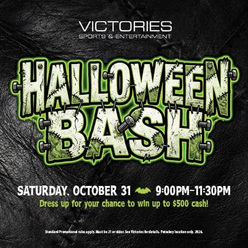 Halloween Bash event poster at Victories with spooky design and event details.