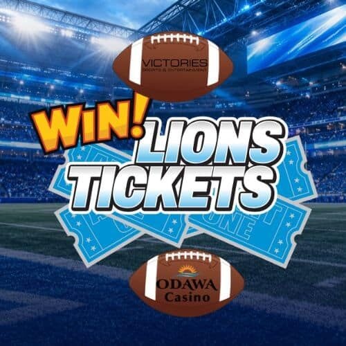 Win Lions tickets at Odawa Casino & Resort with football-themed graphics.