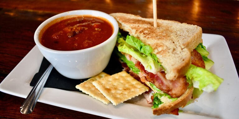 Savory BLT sandwich with soup served at Odawa Casino & Resort restaurant.