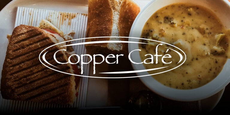 Grilled sandwich, breadsticks, and creamy soup at Copper Café Odawa Casino.