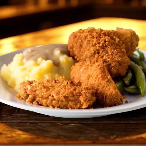 Fried chicken with mashed potatoes and green beans at Odawa Casino & Resort restaurant.